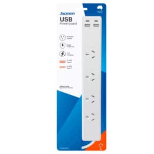 Jackson PT2929SUSB3C 4-Way Surge Protected Powerboard with 2x USB-A & 2x USB-C 3.1A Ports for Charging Devices Includes 90cm Power Lead with Right-angled Power Plug. Built-in Resettable 10A Fuse. - NZ DEPOT