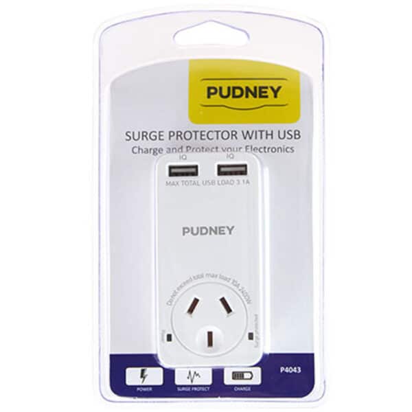 PUDNEY P4043 Surge Protector SINGLE SURGE PROTECTOR WITH 3.1A 2X USB PORTS AU/NZ SAA Approval - NZ DEPOT