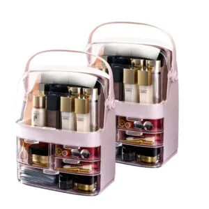 Buy SOGA 2X 3 Tier Pink Countertop Makeup Cosmetic Storage Organiser Skincare Holder Jewelry Storage Box with Handle Online - Home/Bathroom/Bathroom Accessories/Bathroom Storage - 1 - NZ Depot Free Shipping