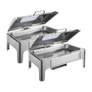 SOGA 2X 9L Rectangular Stainless Steel Soup Warmer Roll Top Chafer Chafing Dish Set with Glass Visual Window Lid, Furniture, Kitchen & Dining Room Furniture, Buffets, Sideboards & Kitchen Islands, , ,  - NZ DEPOT 1