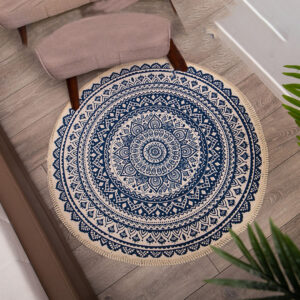 SOGA 2X Dark Blue Carpet Soft Linen Bohemian Non-Slip Floor Retro Minimalist Round Rug Home Decor with Tassels, Home & Living, Home Decor, Rugs, Shaggy Rugs, ,  - NZ DEPOT 2