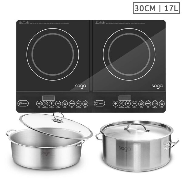 SOGA Dual Burners Cooktop Stove, 17L Stainless Steel Stockpot 28cm and 30cm Induction Casserole, Home & Living>Kitchen & Dining>Cookware>Induction Cookware, , , , ,  - NZ DEPOT 1