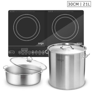 SOGA Dual Burners Cooktop Stove 21L Stainless Steel Stockpot 30cm and 30cm Induction Casserole NZ DEPOT - NZ DEPOT