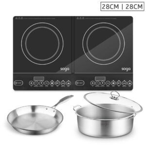 SOGA Dual Burners Cooktop Stove 28cm Stainless Steel Induction Casserole and 28cm Fry Pan NZ DEPOT - NZ DEPOT