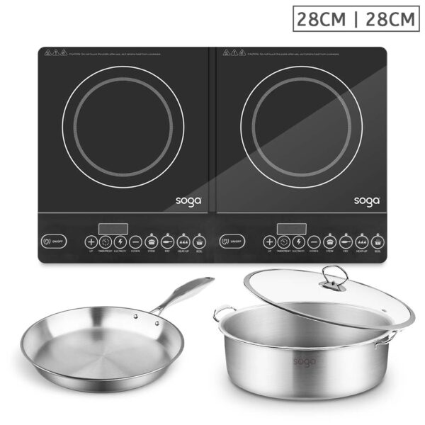 SOGA Dual Burners Cooktop Stove 28cm Stainless Steel Induction Casserole and 28cm Fry Pan, Home & Living, Kitchen & Dining, Cookware, Induction Cookware, ,  - NZ DEPOT 1