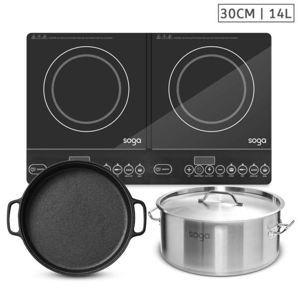 Soga Dual Burners Cooktop Stove, 30Cm Cast Iron Skillet And 14L Stainless Steel Stockpot, Home &Amp; Living, Kitchen &Amp; Dining, Cookware, Induction Cookware, ,  - Nz Depot 1