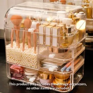 Buy SOGA Transparent Cosmetic Storage Box Clear Makeup Skincare Holder with Lid Drawers Waterproof Dustproof Organiser with Pearls Online - Home/Bathroom/Bathroom Accessories/Bathroom Storage - 2 - NZ Depot Free Shipping
