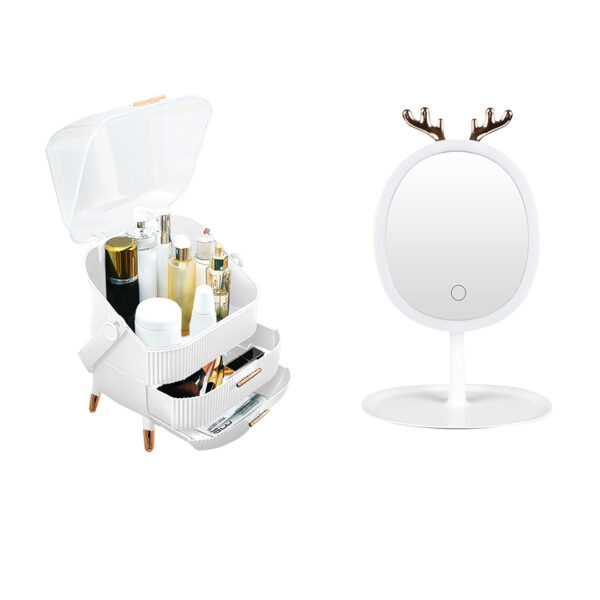 SOGA White Cosmetic Jewelry Storage Organiser with Antler LED Light Mirror Tabletop Vanity Set, Home>Bathroom>Bathroom Accessories>Bathroom Storage, , , , ,  - NZ DEPOT 1