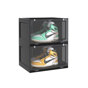 SOGA 2 Tier Black Portable Shoe Organiser Sneaker Footwear Folding Plastic Bin Stackable Storage Box with Magnetic Door, Furniture, Storage & Shelving, Shoe Storage, , ,  - NZ DEPOT 1