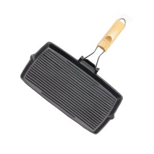 SOGA 20.5cm Rectangular Cast Iron Griddle Grill Frying Pan with Folding Wooden Handle, Home & Living, Kitchen & Dining, Cookware, Frying Pans, ,  - NZ DEPOT 1