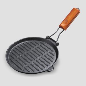 SOGA 24cm Round Ribbed Cast Iron Steak Frying Grill Skillet Pan with Folding Wooden Handle, Home & Living, Kitchen & Dining, Cookware, Frying Pans, ,  - NZ DEPOT 2