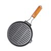 SOGA 24cm Round Ribbed Cast Iron Steak Frying Grill Skillet Pan with Folding Wooden Handle, Home & Living>Kitchen & Dining>Cookware>Frying Pans, , , , ,  - NZ DEPOT 1