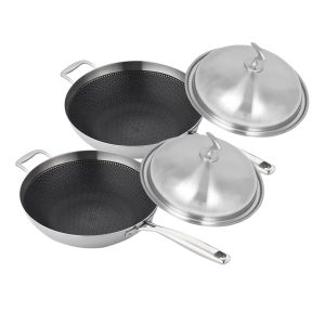 Soga 2X 1810 Stainless Steel Fry Pan 34Cm Frying Pan Top Grade Textured Non Stick Interior Skillet With Helper Handle And Lid Nz Depot - Nz Depot