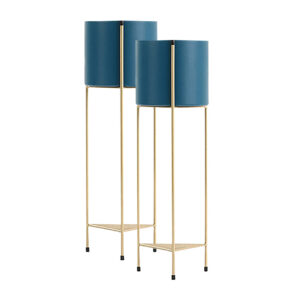 SOGA 2X 2 Layer 65cm Gold Metal Plant Stand with Blue Flower Pot Holder Corner Shelving Rack Indoor Display NZ DEPOT - NZ DEPOT