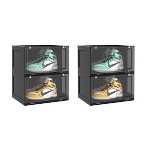 SOGA 2X 2 Tier Black Portable Shoe Organiser Sneaker Footwear Folding Plastic Bin Stackable Storage Box with Magnetic Door, Furniture, Storage & Shelving, Shoe Storage, , ,  - NZ DEPOT 1