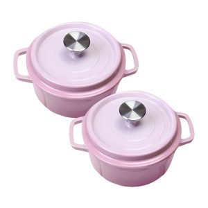 SOGA 2X 24cm Pink Cast Iron Ceramic Stewpot Casserole Stew Cooking Pot With Lid, Home & Living, Kitchen & Dining, Cookware, Casserole Dishes, ,  - NZ DEPOT 1