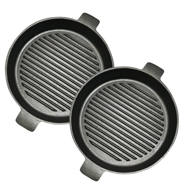 SOGA 2X 26cm Round Ribbed Cast Iron Frying Pan Skillet Steak Sizzle Platter with Handle, Home & Living>Kitchen & Dining>Cookware>Frying Pans, , , , ,  - NZ DEPOT 1