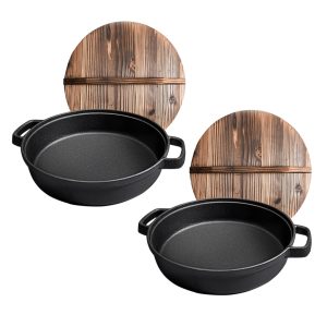 Soga 2X 29Cm Round Cast Iron Pre Seasoned Deep Baking Pizza Frying Pan Skillet With Wooden Lid Nz Depot - Nz Depot