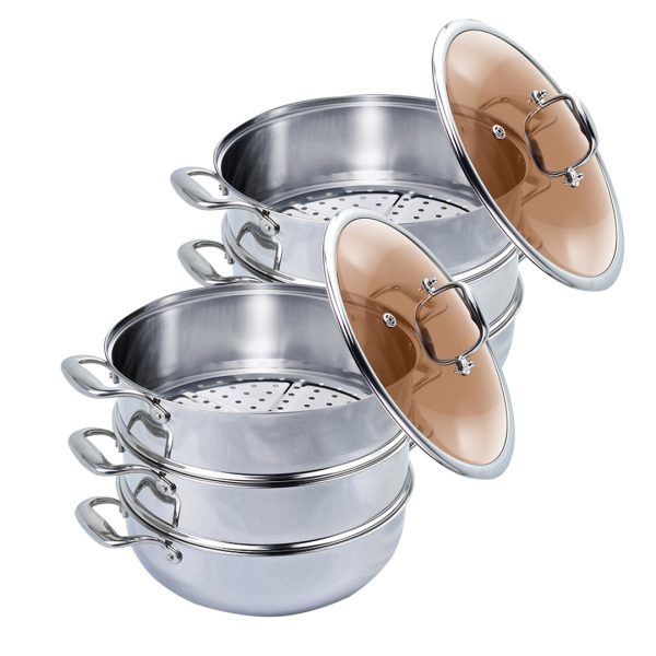 SOGA 2X 3 Tier 30cm Heavy Duty Stainless Steel Food Steamer Vegetable Pot Stackable Pan Insert with Glass Lid, home & living > kitchen & dining > cookware > steamers, , , , ,  - NZ DEPOT 1