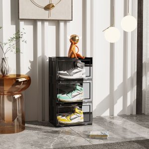 SOGA 2X 3 Tier Black Portable Shoe Organiser Sneaker Footwear Folding Plastic Bin Stackable Storage Box with Magnetic Door, Furniture, Storage & Shelving, Shoe Storage, , ,  - NZ DEPOT 2