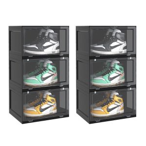 SOGA 2X 3 Tier Black Portable Shoe Organiser Sneaker Footwear Folding Plastic Bin Stackable Storage Box with Magnetic Door, Furniture, Storage & Shelving, Shoe Storage, , ,  - NZ DEPOT 1