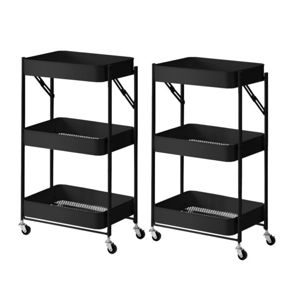 SOGA 2X 3 Tier Steel Black Foldable Kitchen Cart Multi-Functional Shelves Portable Storage Organizer with Wheels, Garden, Tools & Hardware, Garage Storage & Organisation, Utility Shelves, , ,  - NZ DEPOT 1