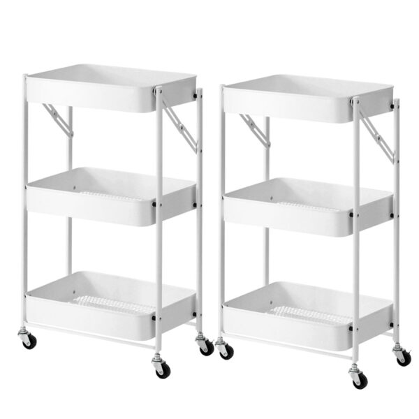 SOGA 2X 3 Tier Steel White Foldable Kitchen Cart Multi-Functional Shelves Portable Storage Organizer with Wheels, Garden, Tools & Hardware, Garage Storage & Organisation, Utility Shelves, , ,  - NZ DEPOT 1