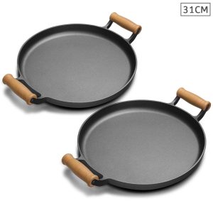 Soga 2X 31Cm Cast Iron Frying Pan Skillet Steak Sizzle Fry Platter With Wooden Handle No Lid Nz Depot - Nz Depot