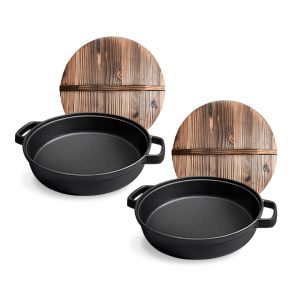 SOGA 2X 31cm Round Cast Iron Pre-seasoned Deep Baking Pizza Frying Pan Skillet with Wooden Lid, Home & Living, Kitchen & Dining, Cookware, Frying Pans, ,  - NZ DEPOT 1