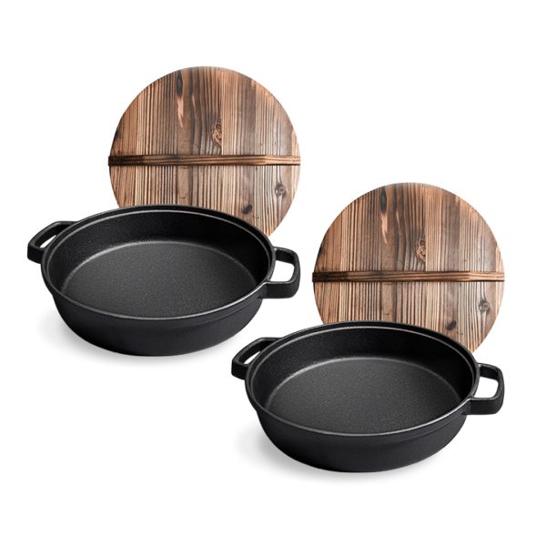 SOGA 2X 33cm Round Cast Iron Pre-seasoned Deep Baking Pizza Frying Pan Skillet with Wooden Lid, Home & Living>Kitchen & Dining>Cookware>Frying Pans, , , , ,  - NZ DEPOT 1