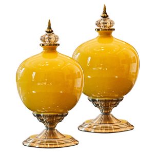 SOGA 2X 38cm Ceramic Oval Flower Vase with Gold Metal Base Yellow, Home & Living, Home Decor, Vases, , ,  - NZ DEPOT 1