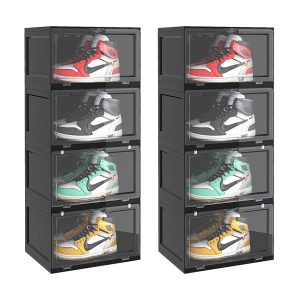 SOGA 2X 4 Tier Black Portable Shoe Organiser Sneaker Footwear Folding Plastic Bin Stackable Storage Box with Magnetic Door, Furniture, Storage & Shelving, Shoe Storage, , ,  - NZ DEPOT 1