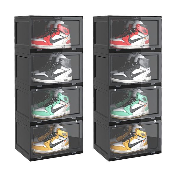 Soga 2X 4 Tier Black Portable Shoe Organiser Sneaker Footwear Folding Plastic Bin Stackable Storage Box With Magnetic Door, Furniture, Storage &Amp; Shelving, Shoe Storage, , ,  - Nz Depot 1