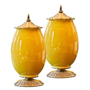 SOGA 2X 40cm Ceramic Oval Flower Vase with Gold Metal Base Yellow, Home & Living, Home Decor, Vases, , ,  - NZ DEPOT 1