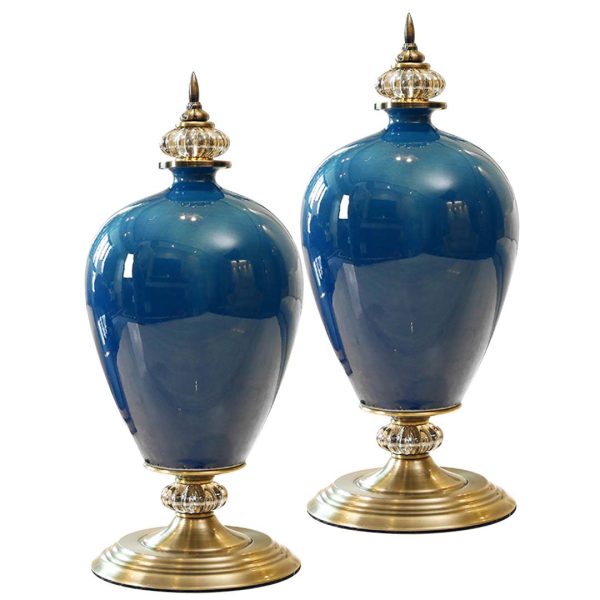 SOGA 2X 42cm Ceramic Oval Flower Vase with Gold Metal Base Dark Blue, Home & Living>Home Decor>Vases, , , , ,  - NZ DEPOT 1