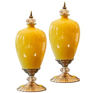 SOGA 2X 42cm Ceramic Oval Flower Vase with Gold Metal Base Yellow, Home & Living, Home Decor, Vases, , ,  - NZ DEPOT 1