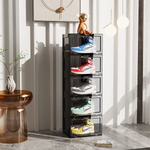 SOGA 2X 5 Tier Black Portable Shoe Organiser Sneaker Footwear Folding Plastic Bin Stackable Storage Box with Magnetic Door, Furniture, Storage & Shelving, Shoe Storage, , ,  - NZ DEPOT 2