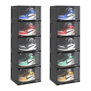 SOGA 2X 5 Tier Black Portable Shoe Organiser Sneaker Footwear Folding Plastic Bin Stackable Storage Box with Magnetic Door, Furniture, Storage & Shelving, Shoe Storage, , ,  - NZ DEPOT 1