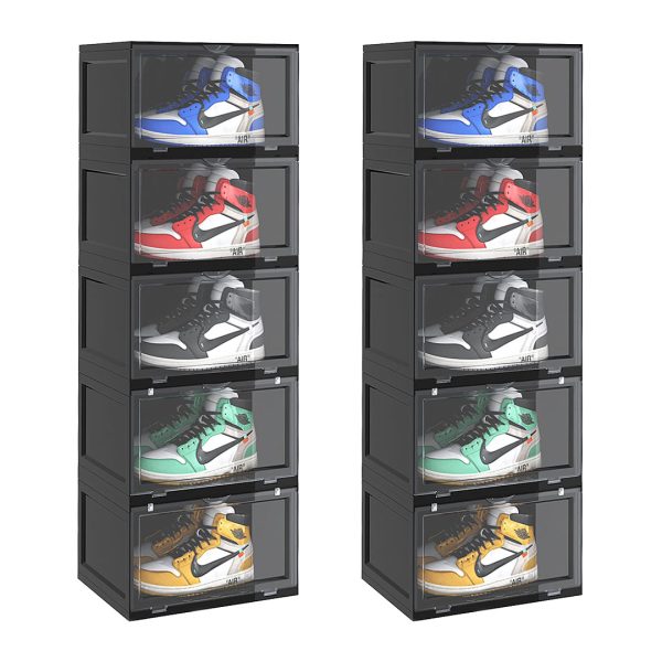 SOGA 2X 5 Tier Black Portable Shoe Organiser Sneaker Footwear Folding Plastic Bin Stackable Storage Box with Magnetic Door, Furniture, Storage & Shelving, Shoe Storage, , ,  - NZ DEPOT 1