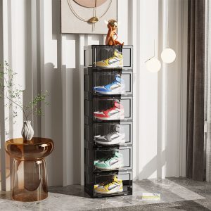 SOGA 2X 6 Tier Black Portable Shoe Organiser Sneaker Footwear Folding Plastic Bin Stackable Storage Box with Magnetic Door, Furniture, Storage & Shelving, Shoe Storage, , ,  - NZ DEPOT 2