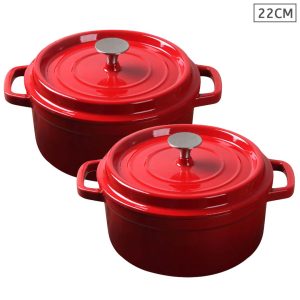 SOGA 2X Cast Iron 22cm Enamel Porcelain Stewpot Casserole Stew Cooking Pot With Lid Red, Home & Living, Kitchen & Dining, Cookware, Casserole Dishes, ,  - NZ DEPOT 1