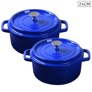 SOGA 2X Cast Iron 24cm Enamel Porcelain Stewpot Casserole Stew Cooking Pot With Lid Blue, Home & Living, Kitchen & Dining, Cookware, Casserole Dishes, ,  - NZ DEPOT 1