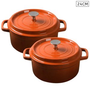 SOGA 2X Cast Iron 24cm Enamel Porcelain Stewpot Casserole Stew Cooking Pot With Lid Orange, Home & Living, Kitchen & Dining, Cookware, Casserole Dishes, ,  - NZ DEPOT 1