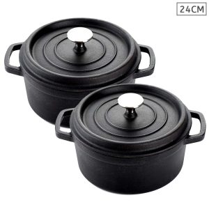 SOGA 2X Cast Iron 24cm Stewpot Casserole Stew Cooking Pot With Lid Black, Home & Living, Kitchen & Dining, Cookware, Casserole Dishes, ,  - NZ DEPOT 1