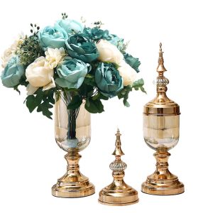 SOGA 2X Clear Glass Flower Vase with Lid and Blue Flower Filler Vase Gold Set - NZ DEPOT