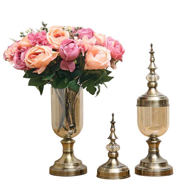 Soga 2X Clear Glass Flower Vase With Lid And Pink Flower Filler Vase Bronze Set, Home &Amp; Living, Home Decor, Vases, , ,  - Nz Depot 1