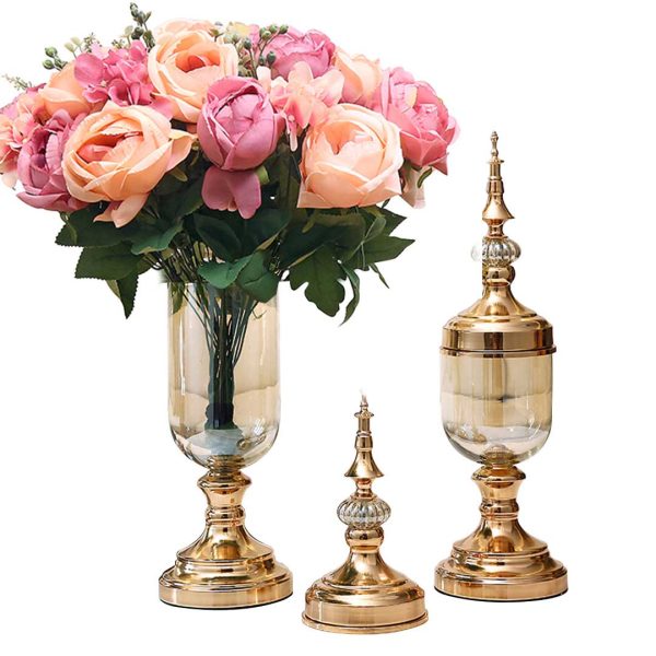 Soga 2X Clear Glass Flower Vase With Lid And Pink Flower Filler Vase Gold Set - Nz Depot