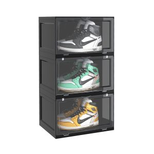 SOGA 3 Tier Black Portable Shoe Organiser Sneaker Footwear Folding Plastic Bin Stackable Storage Box with Magnet Doors, Furniture, Storage & Shelving, Shoe Storage, , ,  - NZ DEPOT 1