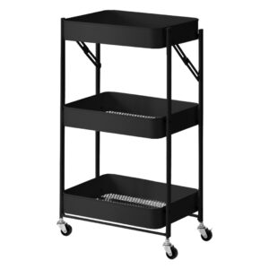 SOGA 3 Tier Steel Black Foldable Kitchen Cart Multi-Functional Shelves Portable Storage Organizer with Wheels, Garden, Tools & Hardware, Garage Storage & Organisation, Utility Shelves, , ,  - NZ DEPOT 1