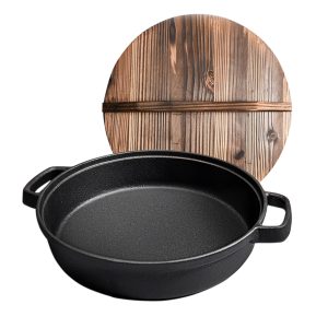 SOGA 33cm Round Cast Iron Pre-seasoned Deep Baking Pizza Frying Pan Skillet with Wooden Lid, Home & Living, Kitchen & Dining, Cookware, Frying Pans, ,  - NZ DEPOT 1